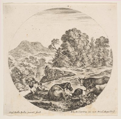 Plate 10: A Horse Lying Down at Center, a Cow and Two Goats at Right, Two Seated Shepherds by Stefano della Bella