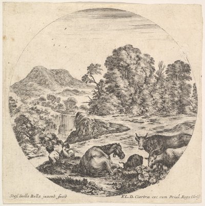Plate 10: a horse lying down in center, a cow and two goats to right, two seated shepherds by Stefano della Bella
