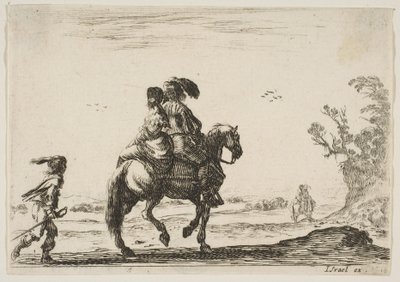 A Horseman and a Woman, Seen from Behind, Riding Towards the Right with a Young... (detail) by Stefano della Bella