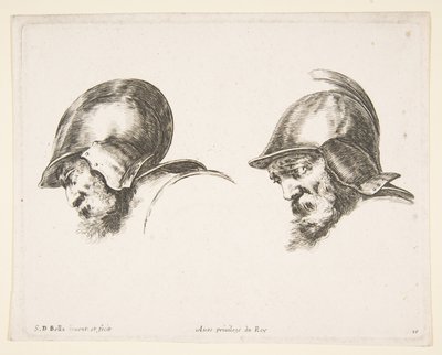 Plate 10: Two Heads of Old Soldiers Wearing Helmets, Both Facing Left and Looking Down by Stefano della Bella