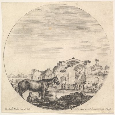 A Shepherd Sleeping on the Ground to Right, Three Horses to Left by Stefano della Bella