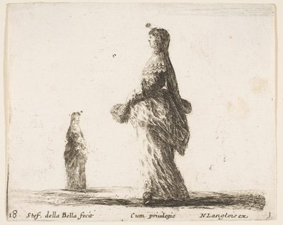 Plate 18: a noblewoman walking towards the left with a feathered fan, another woman by Stefano della Bella
