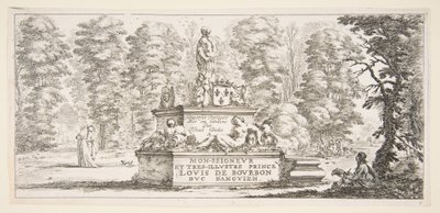 Plate 1: a monument with statues and a coat of arms in the center, a draughtsman on the left by Stefano della Bella