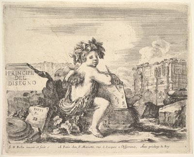 Plate 1: the genius of drawing, a child with wings, seated on a rock in center turned to the left by Stefano della Bella