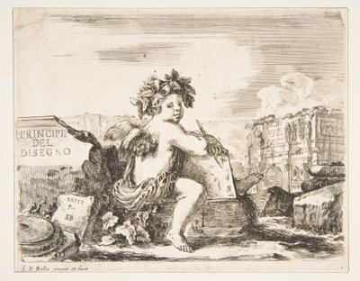 Plate 1: the genius of drawing, a child with wings, seated on a rock in center by Stefano della Bella
