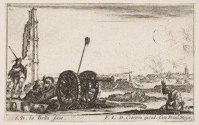 Plate 2: A cannon to the left, a town in the background, from Various Military Capric by Stefano della Bella