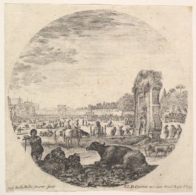 Campo Vaccino, a buffalo and two shepherds in center, the Fontanone to right by Stefano della Bella