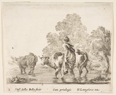 Plate 2: A Peasant Woman Herds Two Cows Across a Stream, Walking Towards the Left, ca. 1644-47 by Stefano della Bella