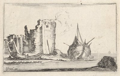 A Ship and a Rowboat Washed Up on Shore, a Tower in Ruins (detail) by Stefano della Bella
