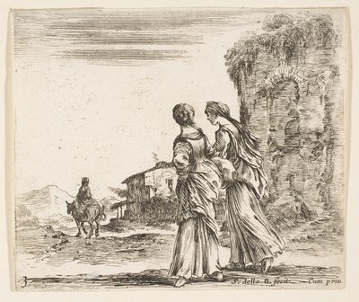 Two Girls Walking Towards the Left, Seen from Behind, a Woman on a Horse by Stefano della Bella