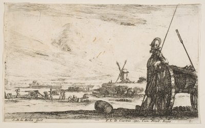 Plate 5: A Pikeman standing at right next to a cannon, other military figures, ca. 1641 by Stefano della Bella