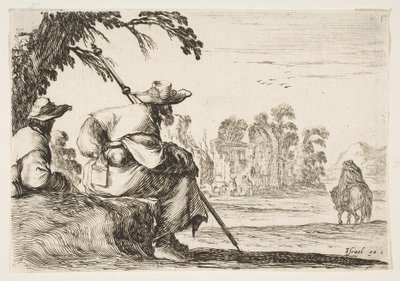 Plate 5: Two Pilgrims with Hats Rest to the Left, Seen from Behind, a Horseman Rides Towards by Stefano della Bella