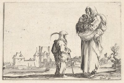 Plate 7: a peasant woman carrying a child to right, speaking to another child standing, ca. 1642 by Stefano della Bella