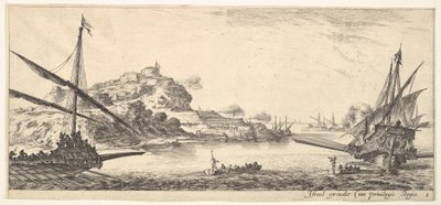 The bow of a galley at left and another galley at right, seen from behind by Stefano della Bella