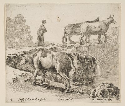 Plate 9: A Cow Ascending a Bank, a Peasant Woman Leading Two Cows Across a Bridge by Stefano della Bella