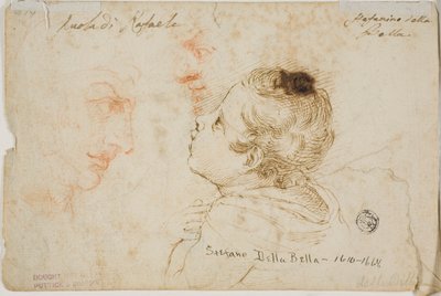 Sketches of Child Praying, Two Male Profiles (front); Sketches of Male Heads (back) by Stefano della Bella