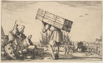 Title Page: A Man Carrying a Case on His Back in Center, Three Men Looking Towards Him by Stefano della Bella