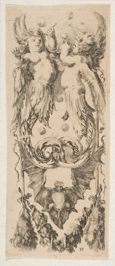 Two Winged Children with Bodies Turning into Ornament Blowing Bubbles by Stefano della Bella