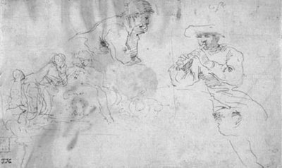 Two Studies for a Composition of Two Shepherds Leaning on a Large Boulder, One Playing the Flute, the Other Listening by Stefano della Bella