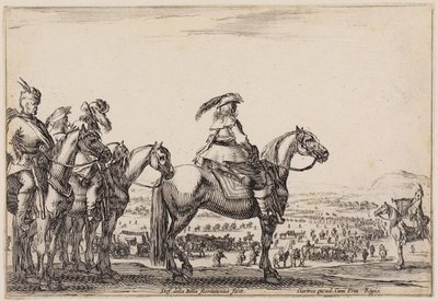 Various Figures: Army Marching on the Plain. In the Foreground on the Hill, Commander and Companion, Right Trumpeter by Stefano della Bella