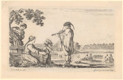 Violinist and Seated Woman with Child by a Body of Water by Stefano della Bella