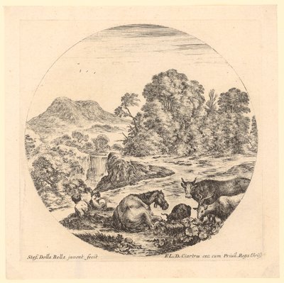 Two Shepherds with Their Flock in a Rocky Landscape with Waterfall by Stefano della Bella