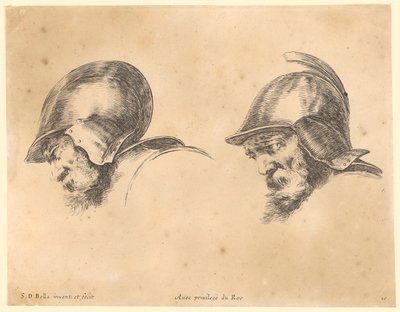Two Portraits of Bearded Men with Helmets in Profile Facing Left by Stefano della Bella
