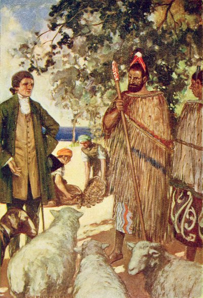 Captain Cook presents the natives with some sheep and goats, illustration from 