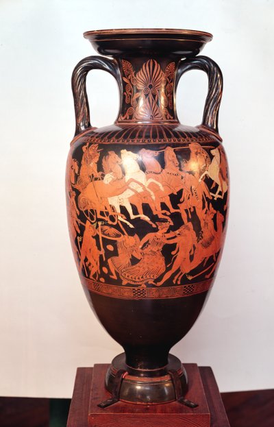 Attic red figure amphora depicting Ares and Aphrodite in a chariot fighting the giants by Suessula Painter