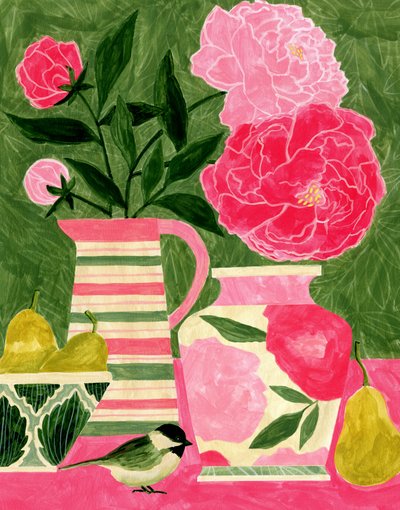 Vibrant Peonies And Bird by Susan Black