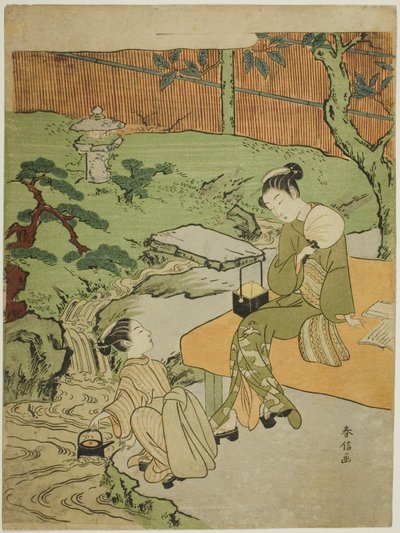 Two Girls Enjoying the Evening Cool in a Garden by Suzuki Harunobu