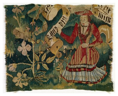 Tapestry Fragment Depicting Tree and Woman Holding Scroll by Swiss School