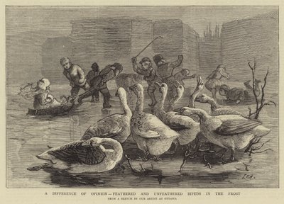 A Difference of Opinion, feathered and unfeathered Bipeds in the Frost by Sydney Prior Hall