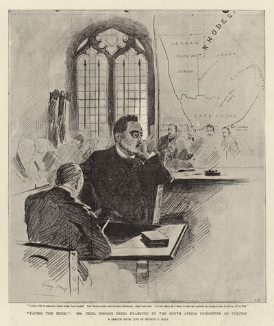 Facing the Music, Mr. Cecil Rhodes being examined by the South Africa Committee of Inquiry by Sydney Prior Hall