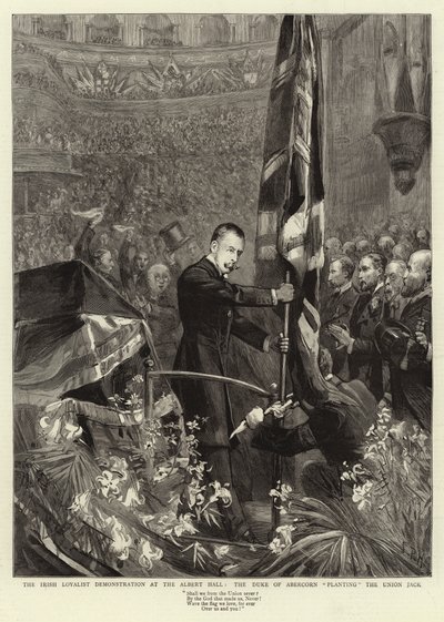 The Irish Loyalist Demonstration at the Albert Hall, the Duke of Abercorn Planting the Union Jack by Sydney Prior Hall