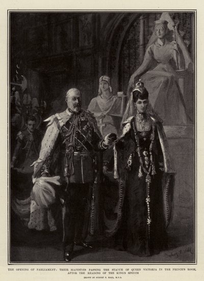 The Opening of Parliament, Their Majesties passing the Statue of Queen Victoria in the Prince