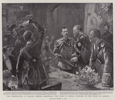The Presentation to Colonel Hector MacDonald, the Duke of Atholl Buckling on the Sword of Honour by Sydney Prior Hall