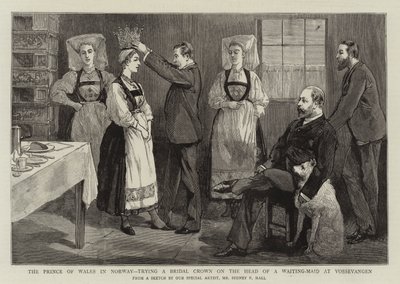 The Prince of Wales in Norway, trying a Bridal Crown on the Head of a Waiting-Maid at Vossevangen by Sydney Prior Hall