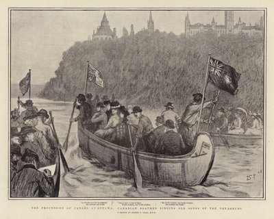 The Procession of Canoes at Ottawa, Canadian Boatmen Singing Old Songs of the Voyageurs by Sydney Prior Hall