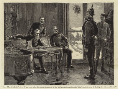 Under-Officer Schultz had entered the apartment, taken three measured steps from the door with accurately-pointed toes, had halted smartly, bringing his heels together with an audible click by Sydney Prior Hall