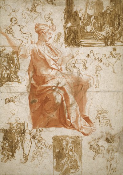Sheet of Studies for the Blinding of Elymas, Sacrifice at Lystra, and a Holy Family by Taddeo Zuccaro