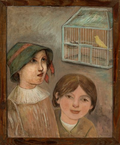 Two Girls under a Cage with a Canary by Tadeusz Makowski