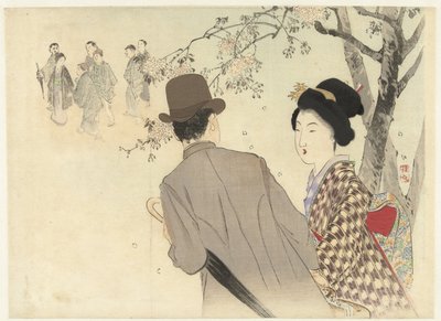 Man with Bowler Hat and Umbrella and Lady in Kimono by Takeuchi Keishū