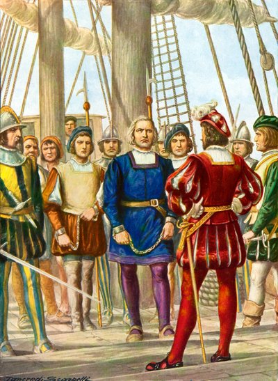 Christopher Columbus and his brothers Bartolomeo and Diego are taken prisoner on a ship that will take them to Spain by Tancredi Scarpelli