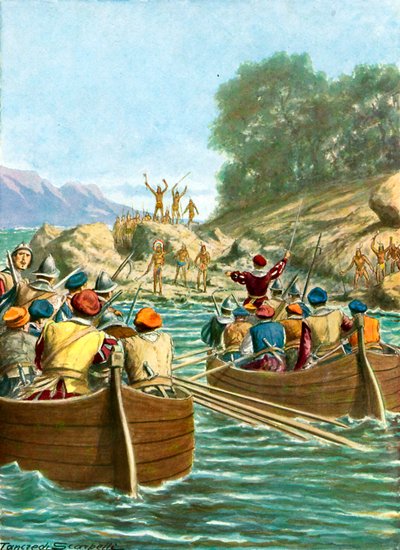 The expedition of Vincente Yanez Pinzon facing hostility from the natives of the New World by Tancredi Scarpelli