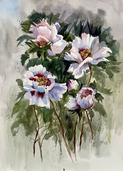 White Watercolor Peonies by Tanya Lundmark