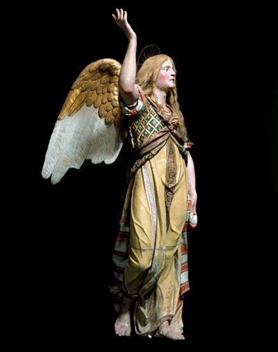 Angel announcing to Joseph the birth of Jesus. Sculpture by Tanzio da Varallo. Varallo, chapel IV, Sacro Monte by Tanzio da Varallo
