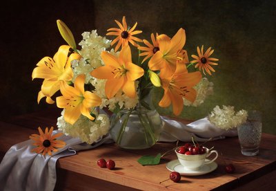 Vibrant Lilies and Cherries by Tatyana Skorokhod