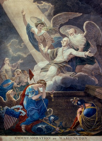 Coloured Engraving of Glory for George Washington Lifted to Heaven by Time and Immortality, Engraved in Philadelphia by Ted Spiegel