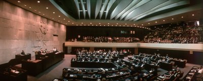 Israeli Knesset in session being addressed by President of Israel David Ben-Gurion, Jerusalem by Ted Spiegel